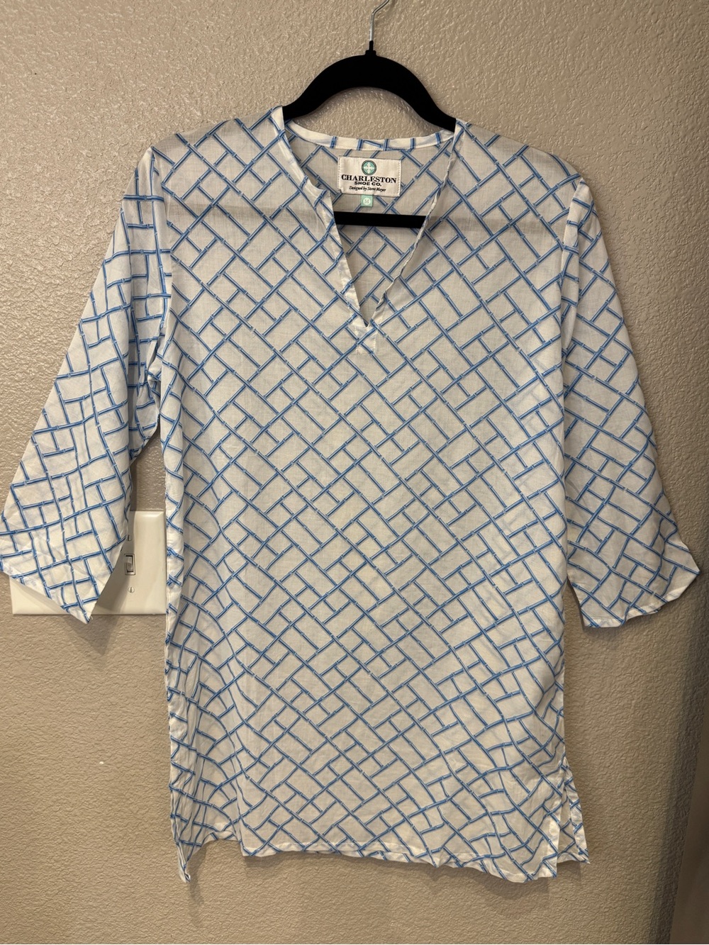 Charleston Shoe Co Blue White Bamboo Print Cotton Tunic Top M